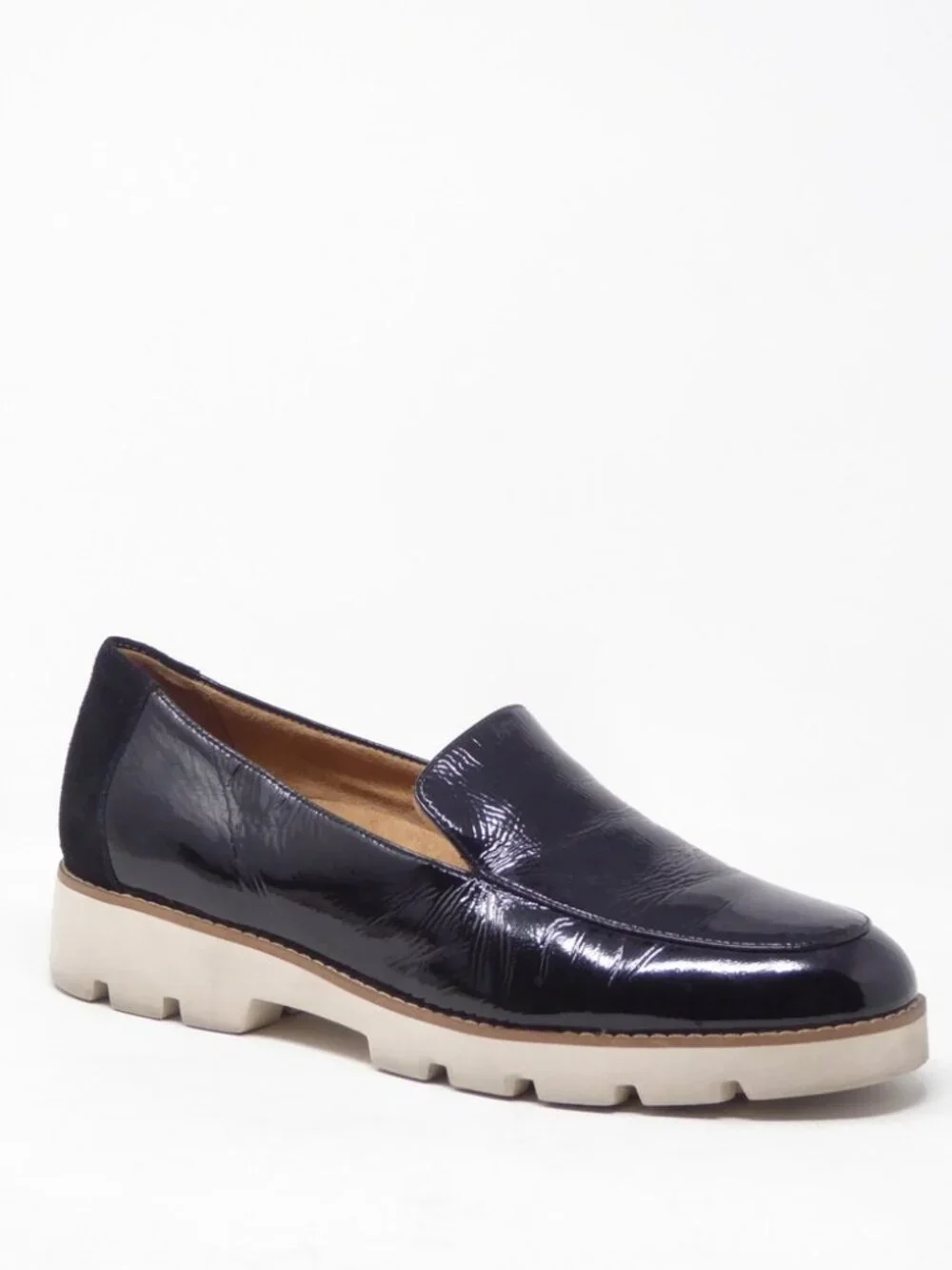 Vionic Womens Kensley Loafers Black Patent Leather Suede Lug Sole, Size 7